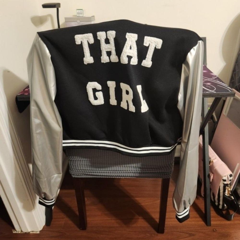Black and Silver Cropped Varsity Jacket